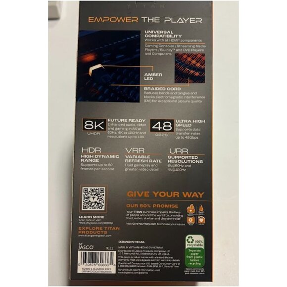 Titan 8K HDMI  2.1 Cable 6 ft Braided Ultra‑High‑Speed 48 Gbps with Amber LED - Picture 4 of 5